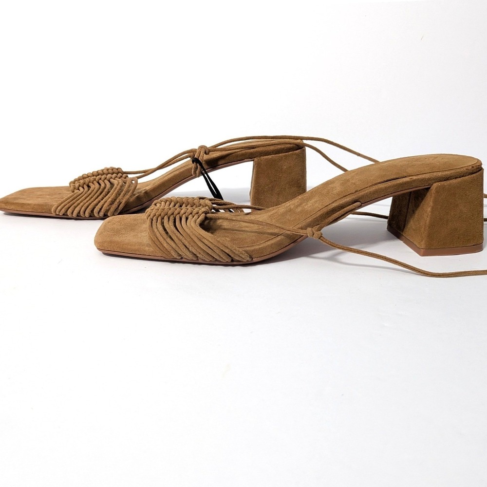 ZARA Lace Up Block Heel Sandals Brown Faux Suede Square Toe Strappy Sz 41 / 10.5 - Picture 6 of 14